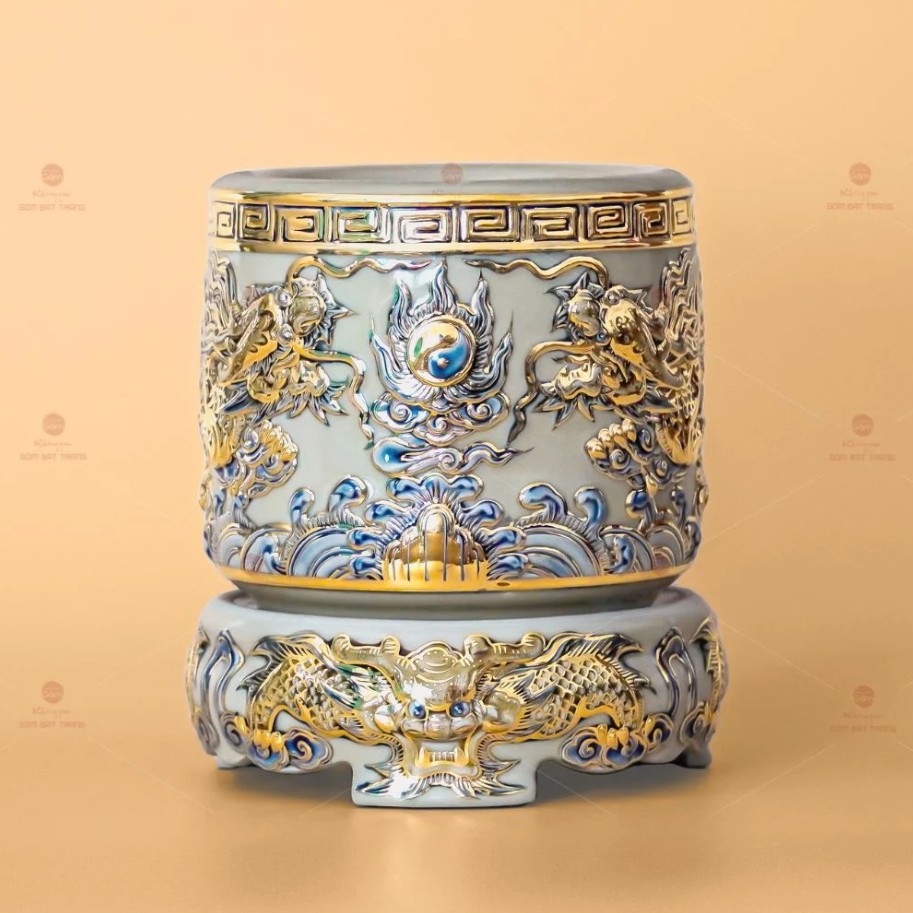 Bát Hương Song Long Chầu Nguyệt Sứ Bát Tràng